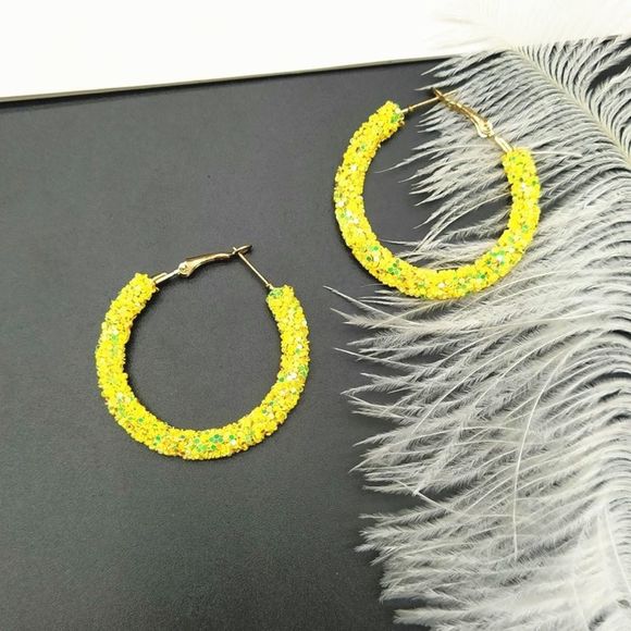 Absolutely stunning Bohemian simple yellow shiny Glitter Big Round Circle hoop - Picture 1 of 9